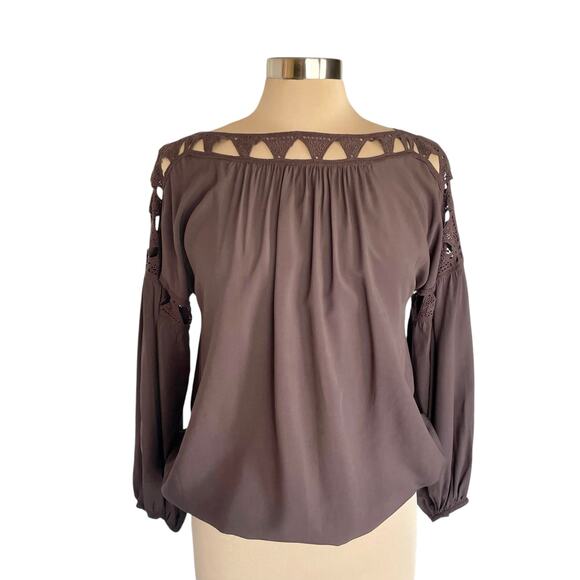 Max Studio Brown Crochet Lace Trim Peasant Top Size SMALL Blouson Bohemian Fall - Picture 1 of 11